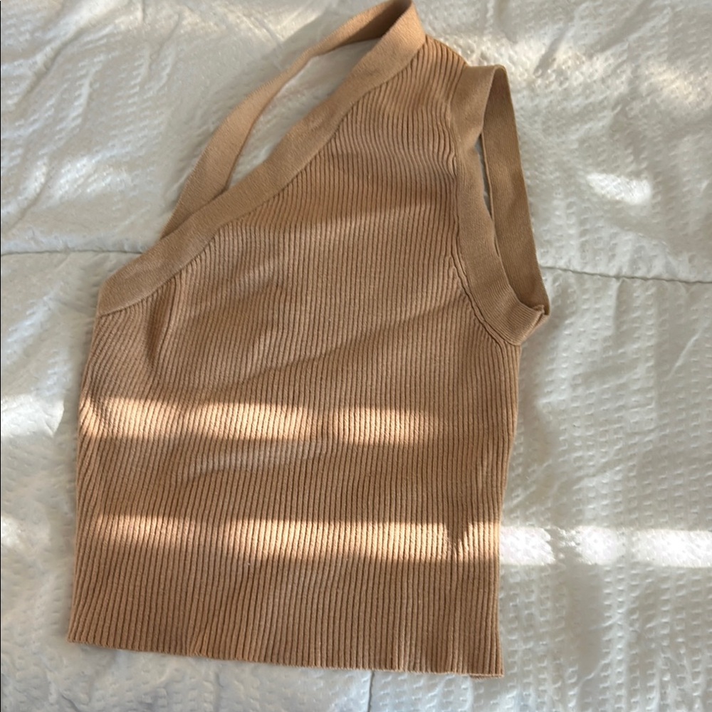 Tan Ribbed One-Shoulder Top